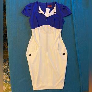 Blue and White Fitted Retro Midi Dress